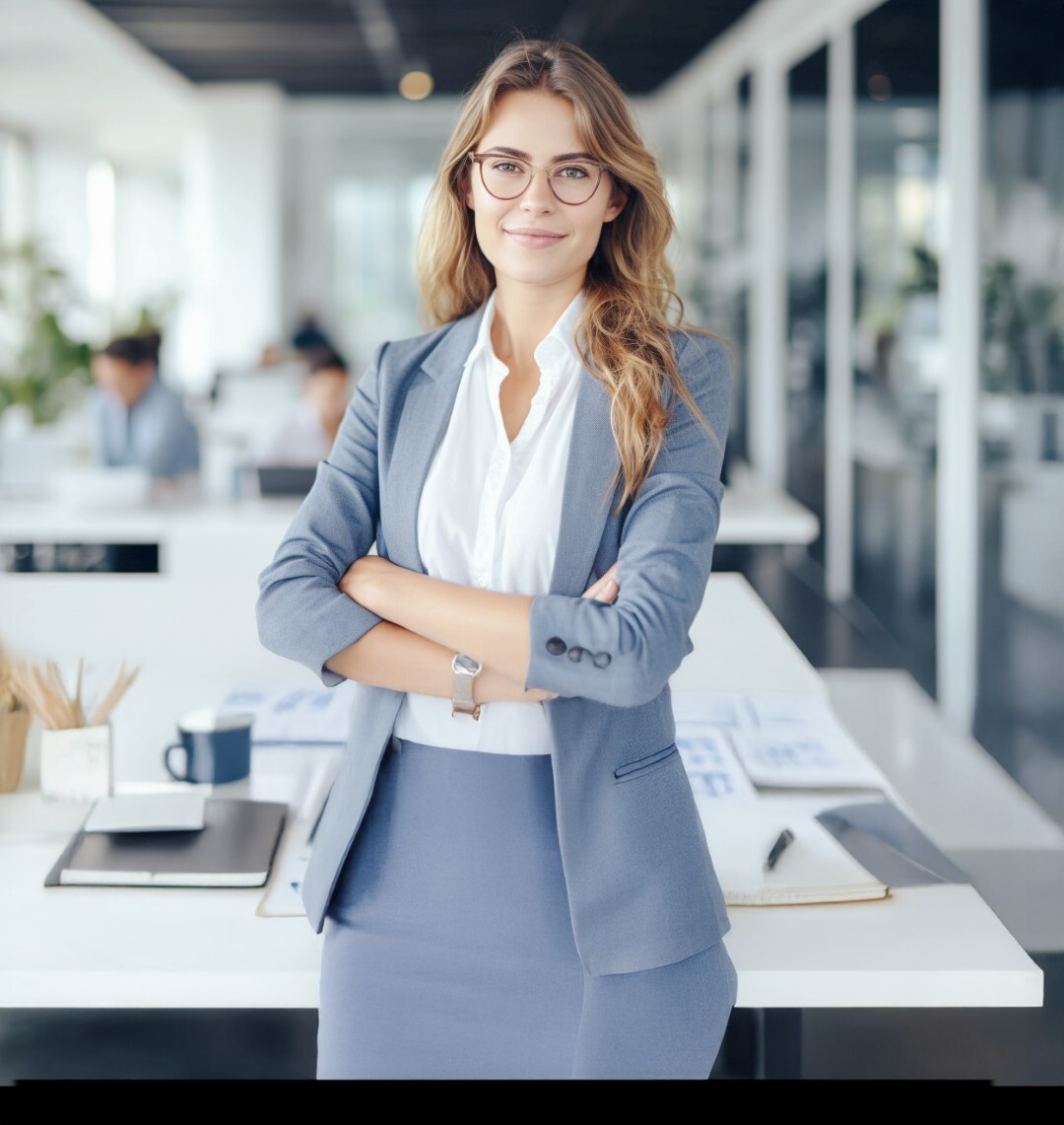 Business-Porträt: Beraterin mit Brille im modernen Büro, steht für B2B-IT-Consulting, Projektmanagement und Kundenbetreuung.