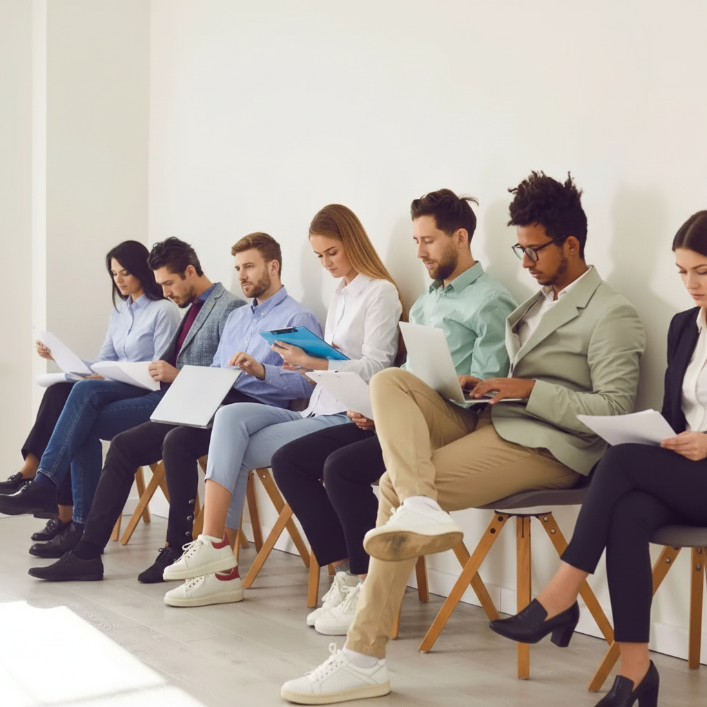Bewerberinnen und Bewerber im Wartebereich mit Unterlagen und Laptop – Recruiting-Prozess, Kandidatenauswahl und Personalvermittlung im B2B-Umfeld