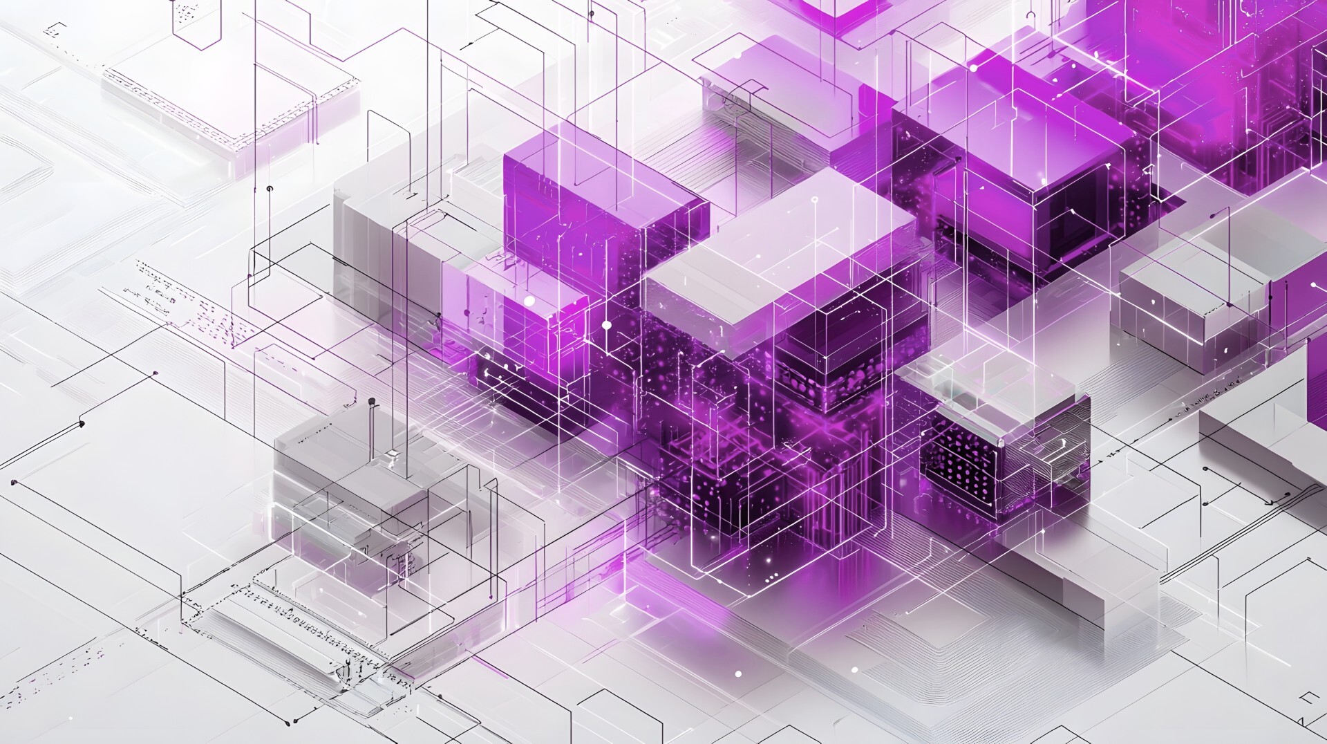 Abstrakte 3D-Visualisierung digitaler Architektur mit violetten Datenblöcken als Symbol für Cloud-Plattform, Datenintegration und skalierbare IT-Lösungen im B2B