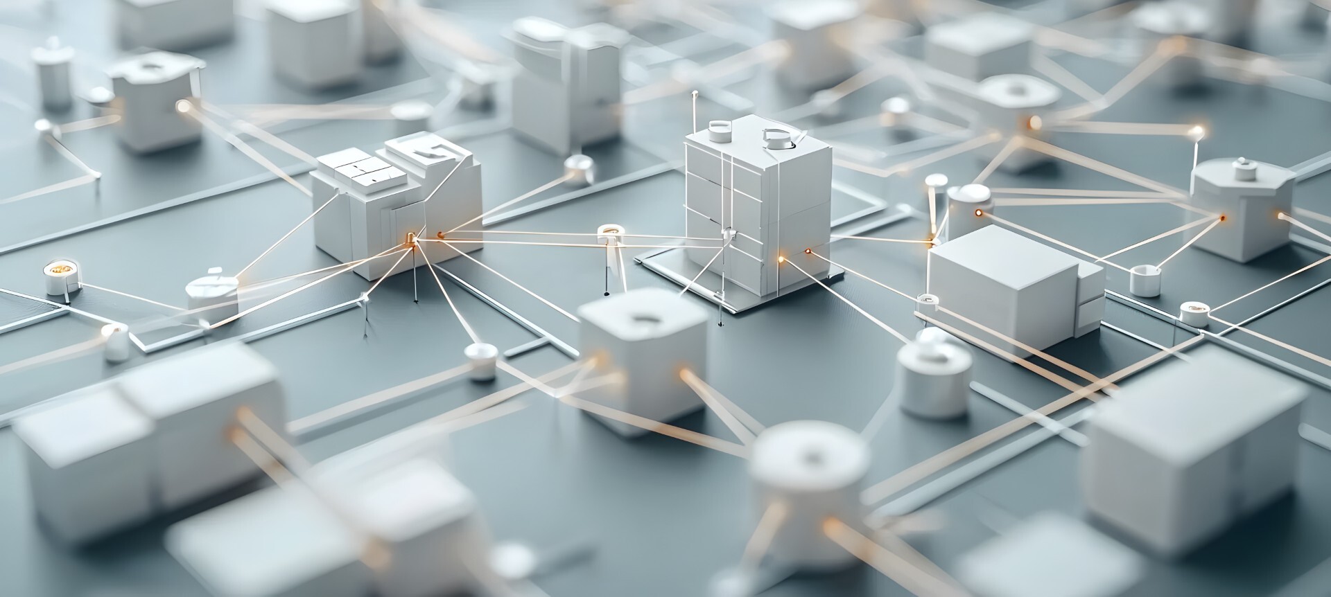 Abstrakte 3D-Darstellung vernetzter Systeme und Knotenpunkte als Symbol für IT-Architektur, Systemintegration und Datenflüsse im B2B