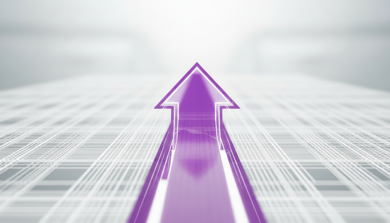 Pfeil nach oben auf digitalem Raster – Symbol für Wachstum, Performance und Skalierung von IT- und Digitalprojekten im B2B.