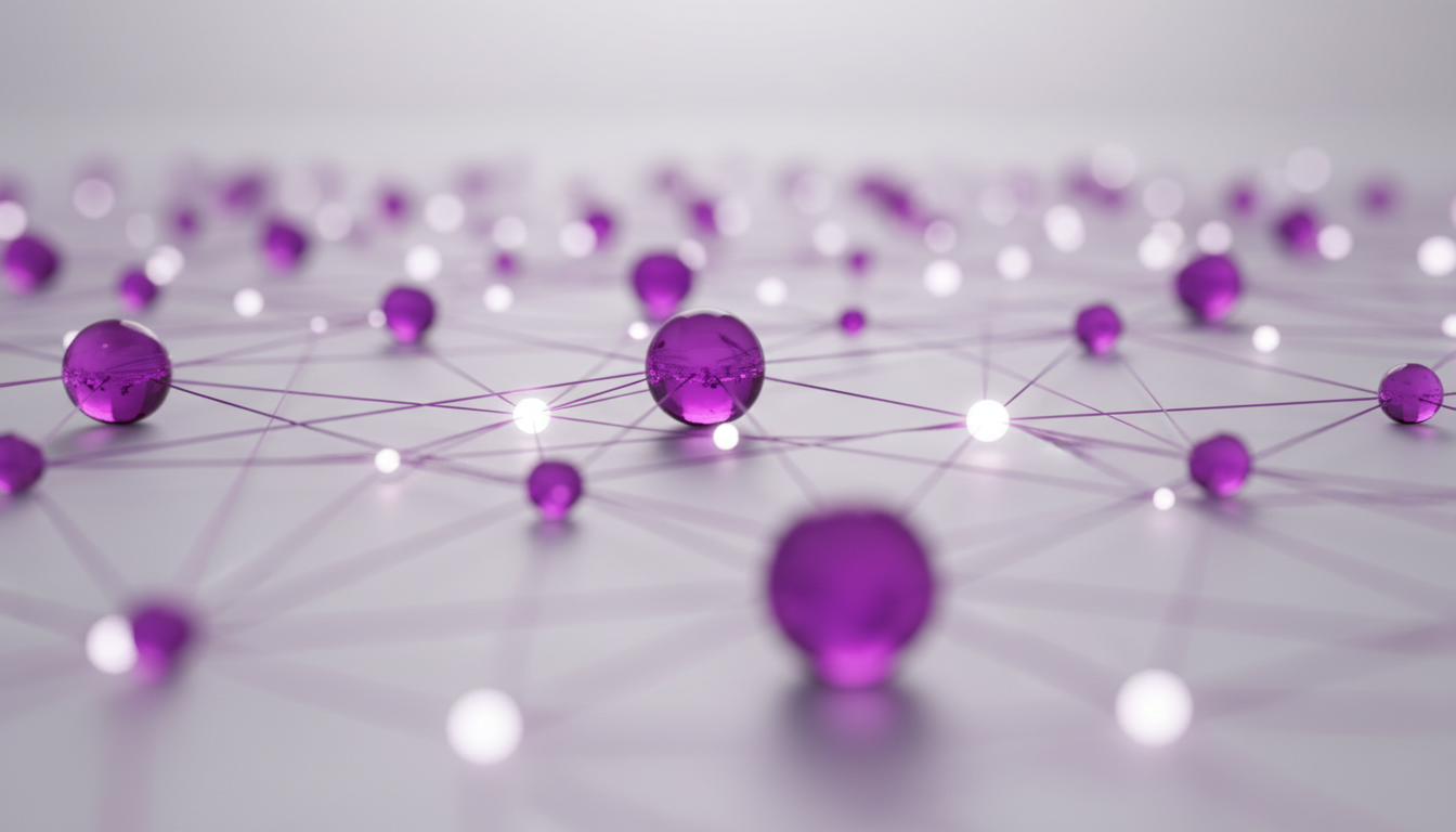 Abstraktes Netzwerk aus verbundenen Punkten und Kugeln – Symbol für IT-Infrastruktur, Datenvernetzung und sichere digitale Plattformen im B2B.