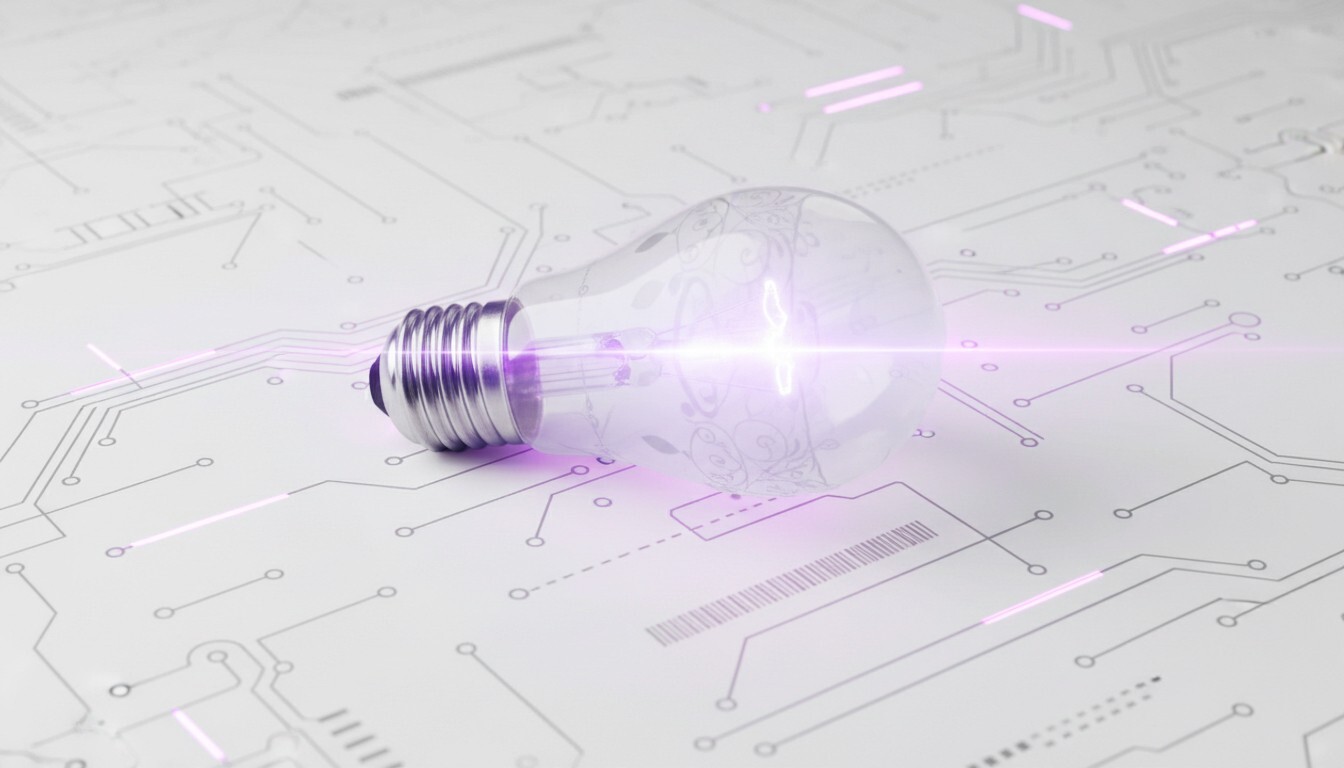 Glühbirne auf Leiterplatten-Design als Symbol für digitale Innovation, IT-Strategie und Technologieentwicklung im B2B-Umfeld.