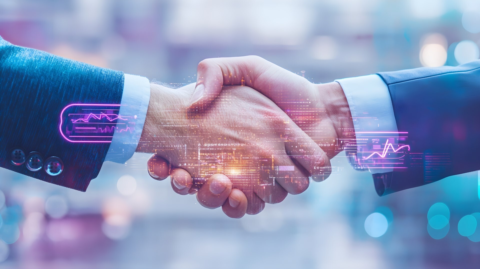 Handshake zwischen Business-Partnern mit digitalem Daten-Overlay als Symbol für B2B-Partnerschaft, IT-Beratung und datengetriebene Zusammenarbeit.