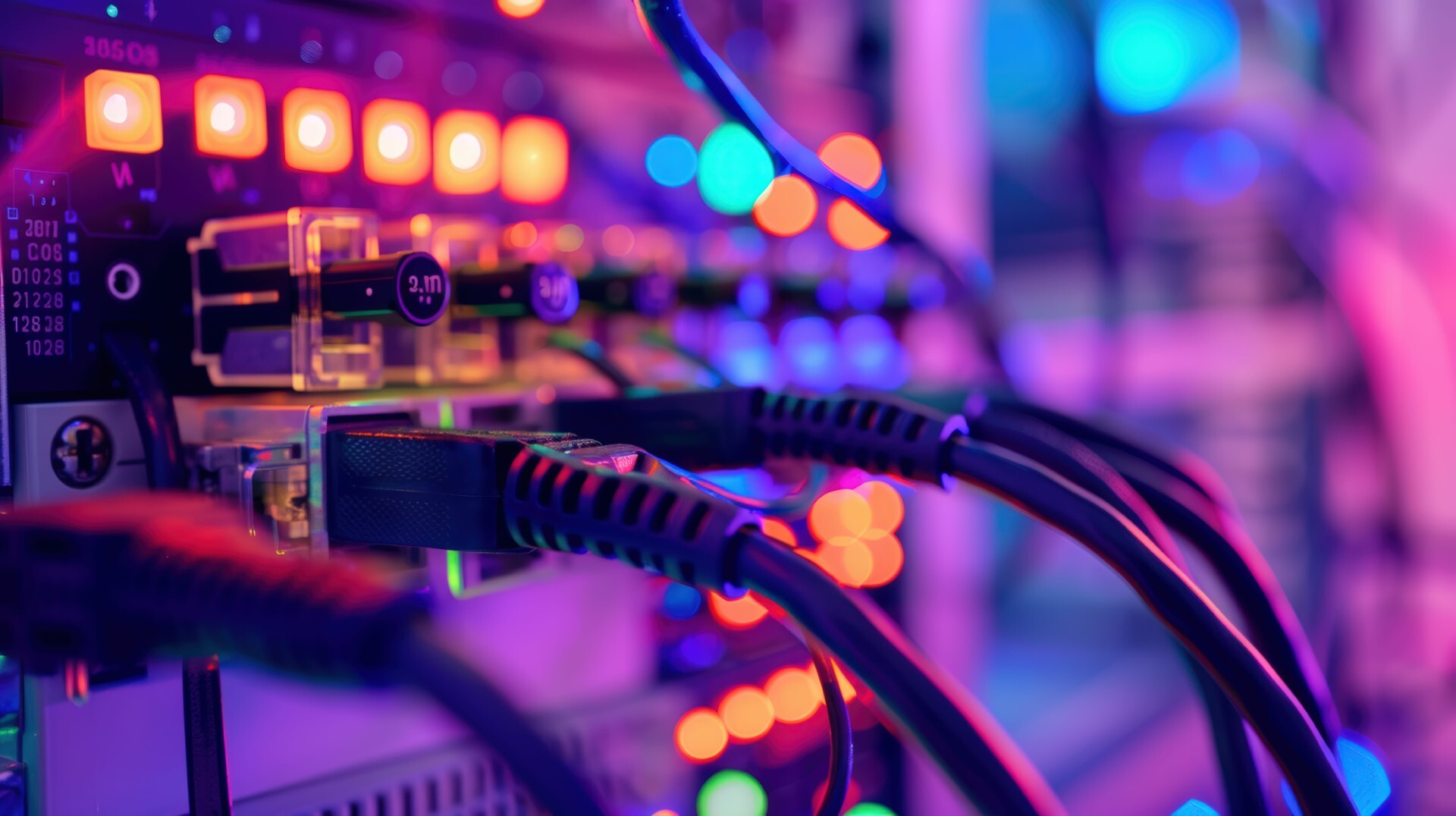 Netzwerk-Switch mit eingesteckten Ethernet-Kabeln und Status-LEDs – Serverraum-Infrastruktur, LAN und sichere Datenübertragung im B2B.