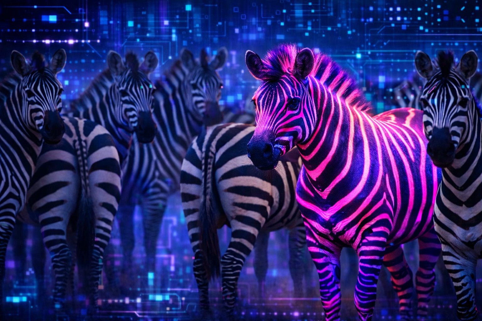 Zebraherde vor digitalem Datenhintergrund, ein neonfarbenes Zebra im Fokus – Symbol für digitale Differenzierung, Innovation und Wettbewerbsvorteil im B2B.