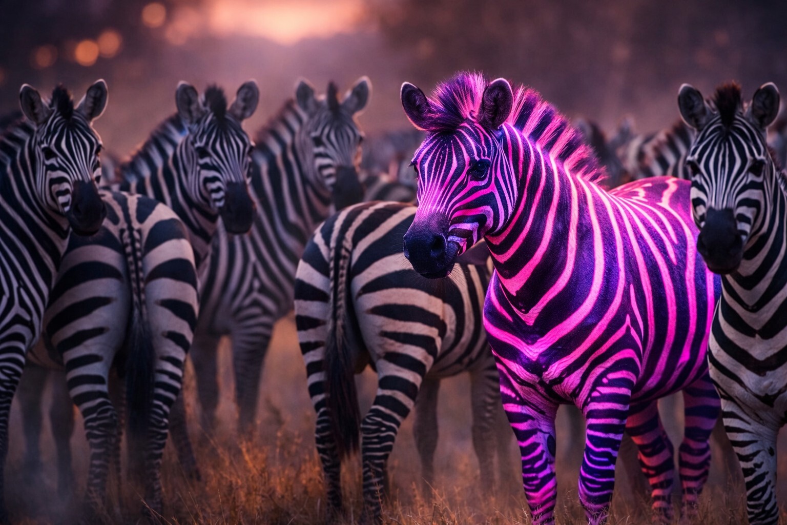 Zebraherde bei Dämmerung, ein pink leuchtendes Zebra im Vordergrund – Symbol für Differenzierung, Markenprofil und Wettbewerbsvorteil im B2B.